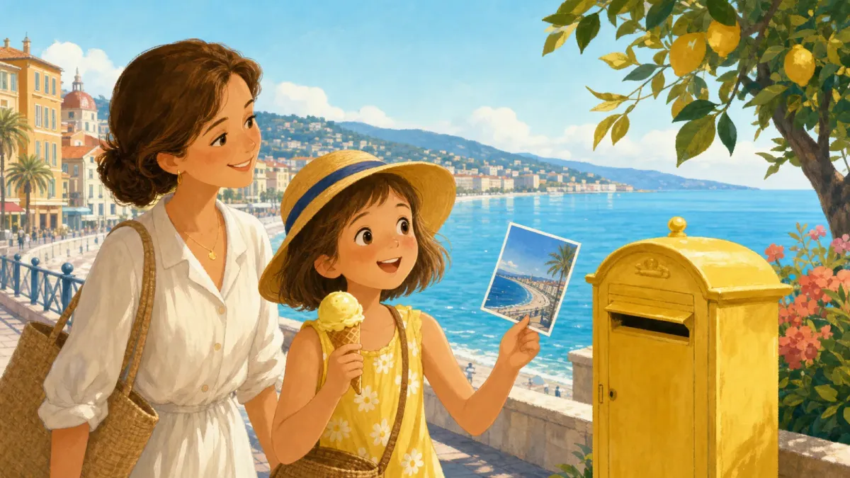 Une fille tient une carte postale bleue près de la mer à Nice.