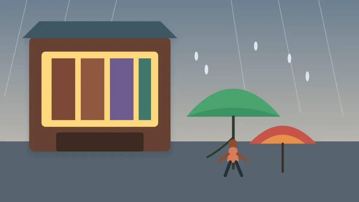 Une jeune femme ouvre un parapluie vert devant une librairie chaleureuse sous la pluie.
