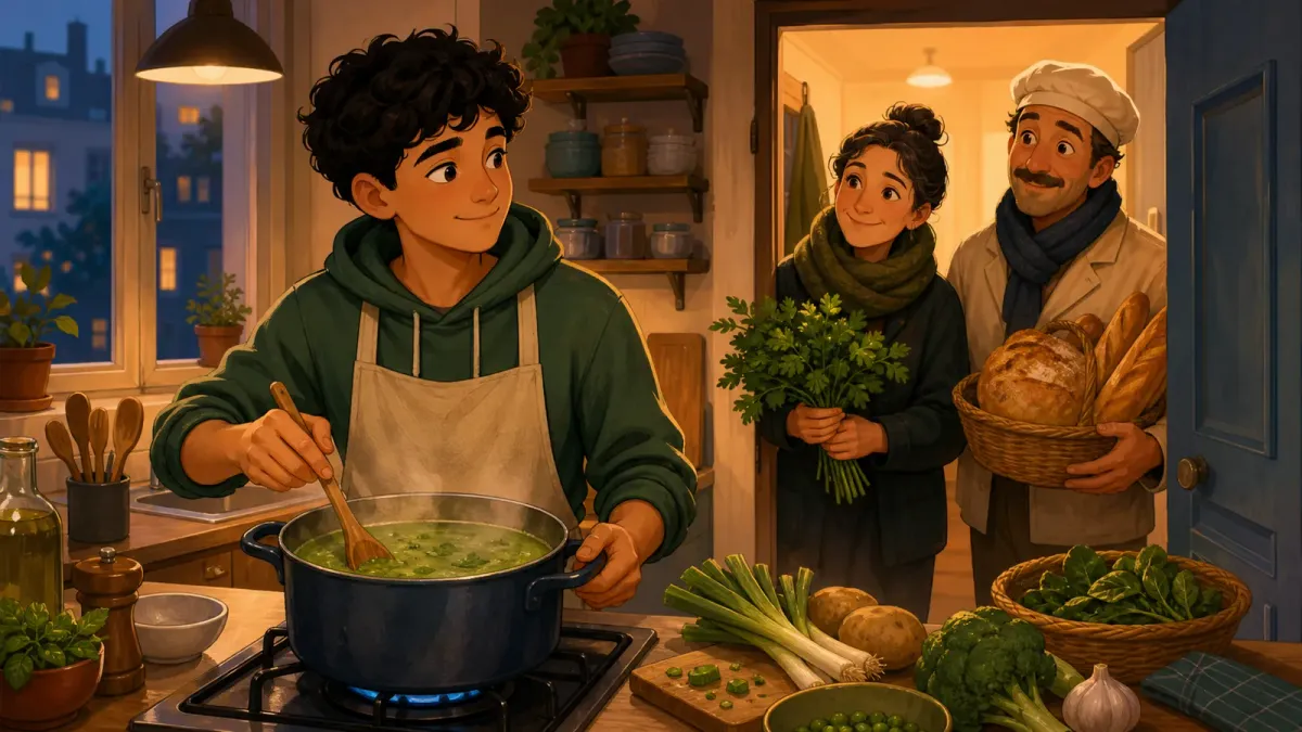 Sami prépare une soupe verte dans une petite cuisine avec du pain et des légumes.