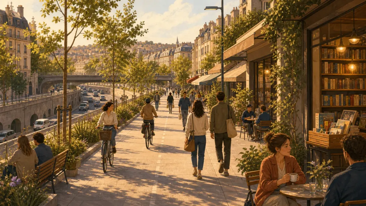 Une ancienne voie rapide transformée en promenade avec des arbres, des bancs et des passants.