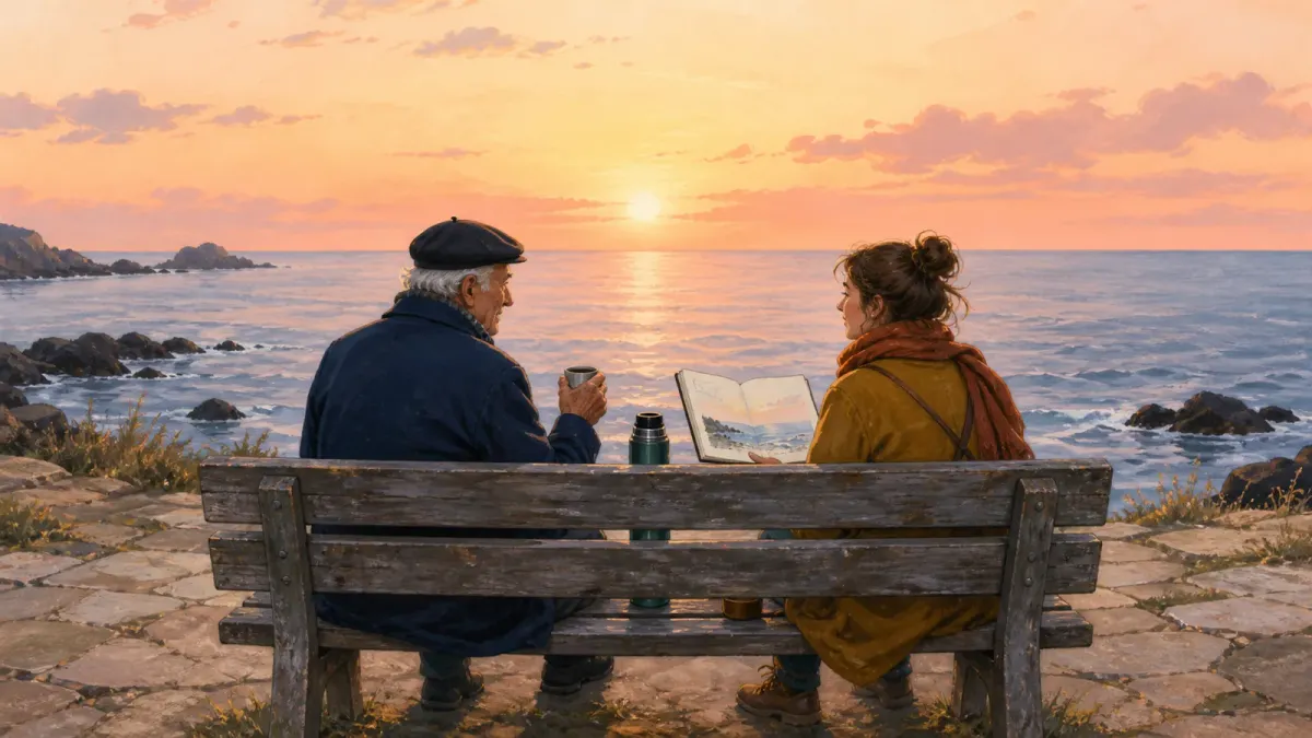 Un vieux banc en bois gris face à la mer à l'aube, avec un homme âgé à gauche et une jeune femme avec un carnet de croquis à droite, contemplant l'horizon.