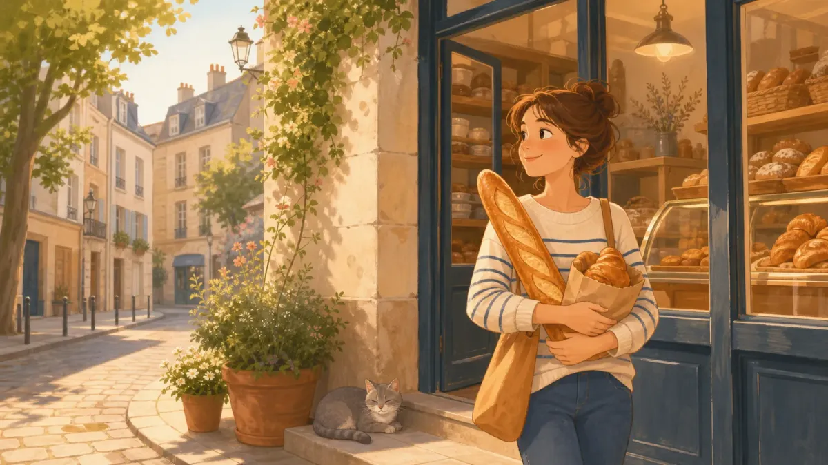 Une femme sort d’une boulangerie avec du pain pendant qu’un petit chat gris reste près de la porte.