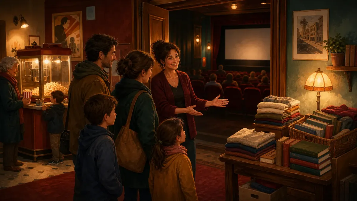 Intérieur chaleureux d'un cinéma de quartier un mercredi après-midi, avec des spectateurs, une bénévole, une machine à pop-corn et des dons de vêtements et livres.
