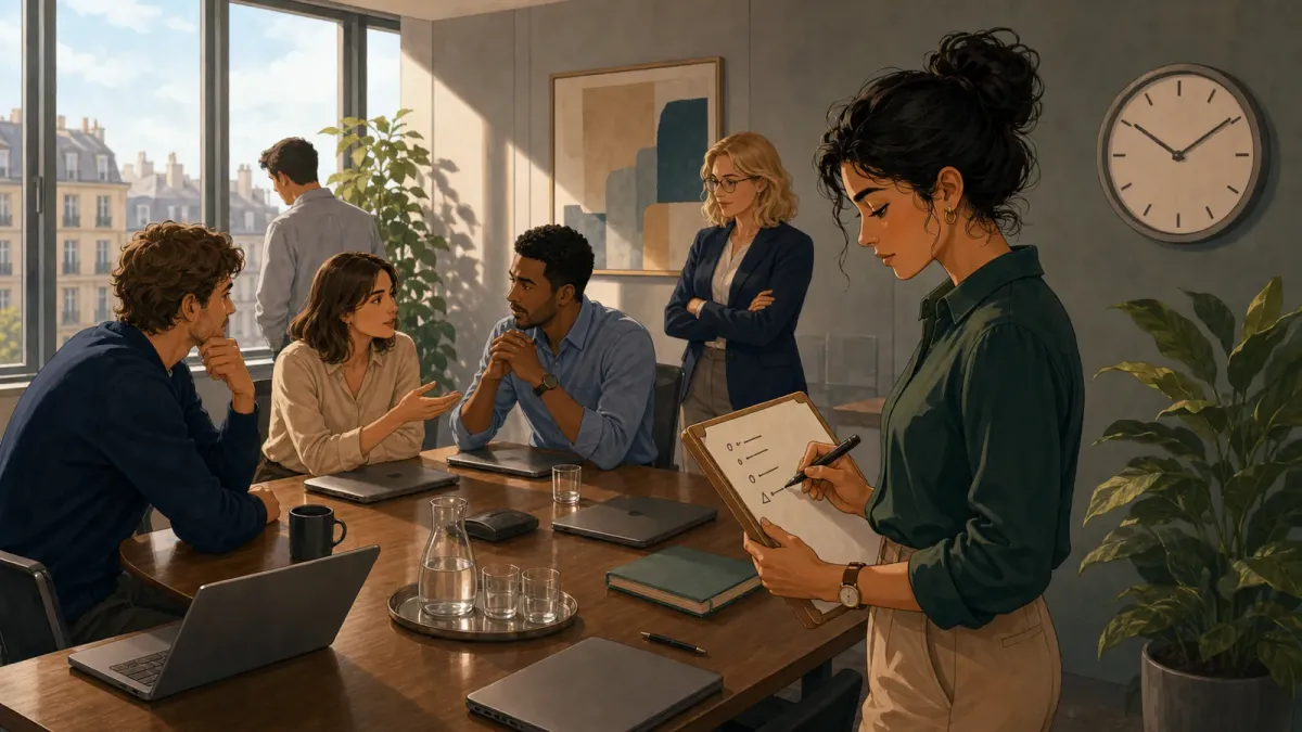 Amira observe des collègues qui discutent avant une réunion dans une salle de bureau moderne.