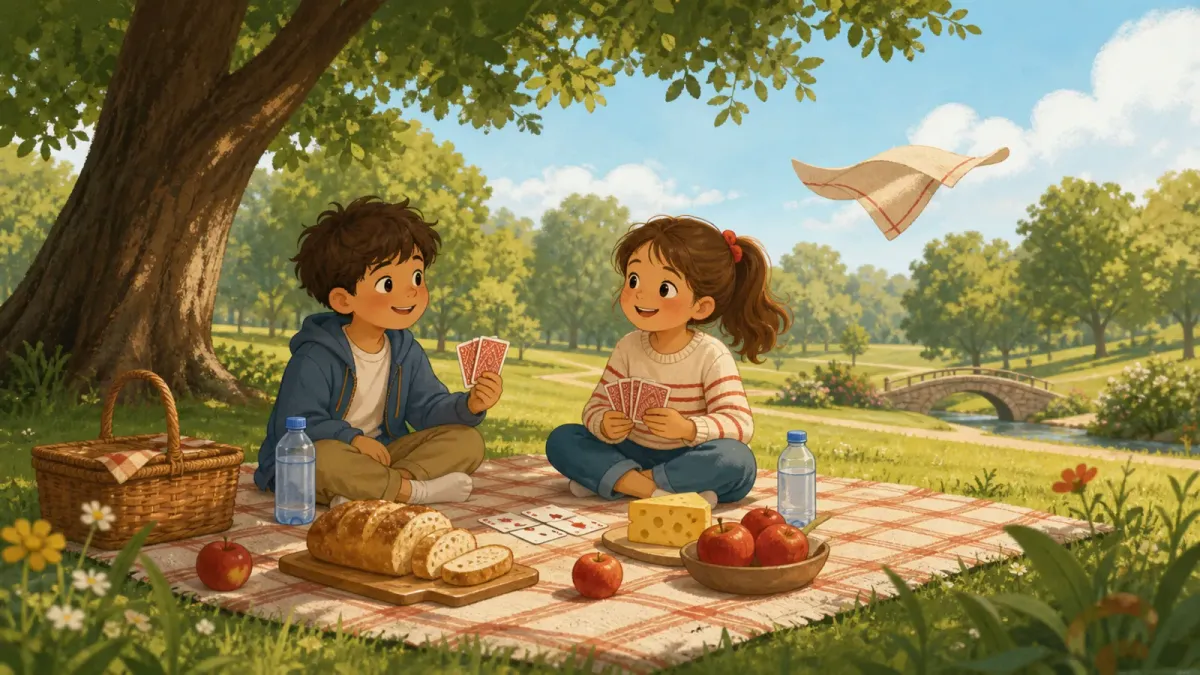 Deux enfants font un pique-nique sous un grand arbre dans un parc.