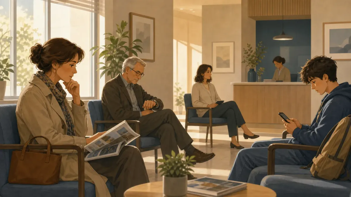 Des personnes attendent en silence dans une salle d’attente lumineuse.