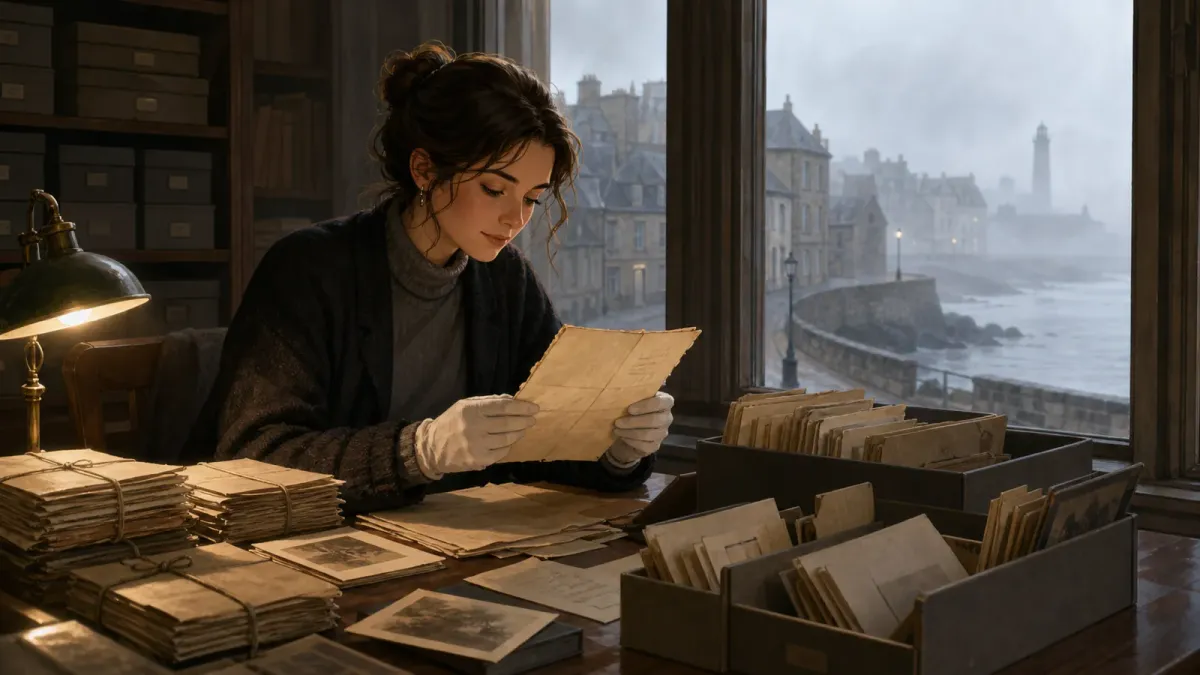Élise consulte des lettres anciennes dans une salle d’archives tandis que le brouillard couvre la ville.