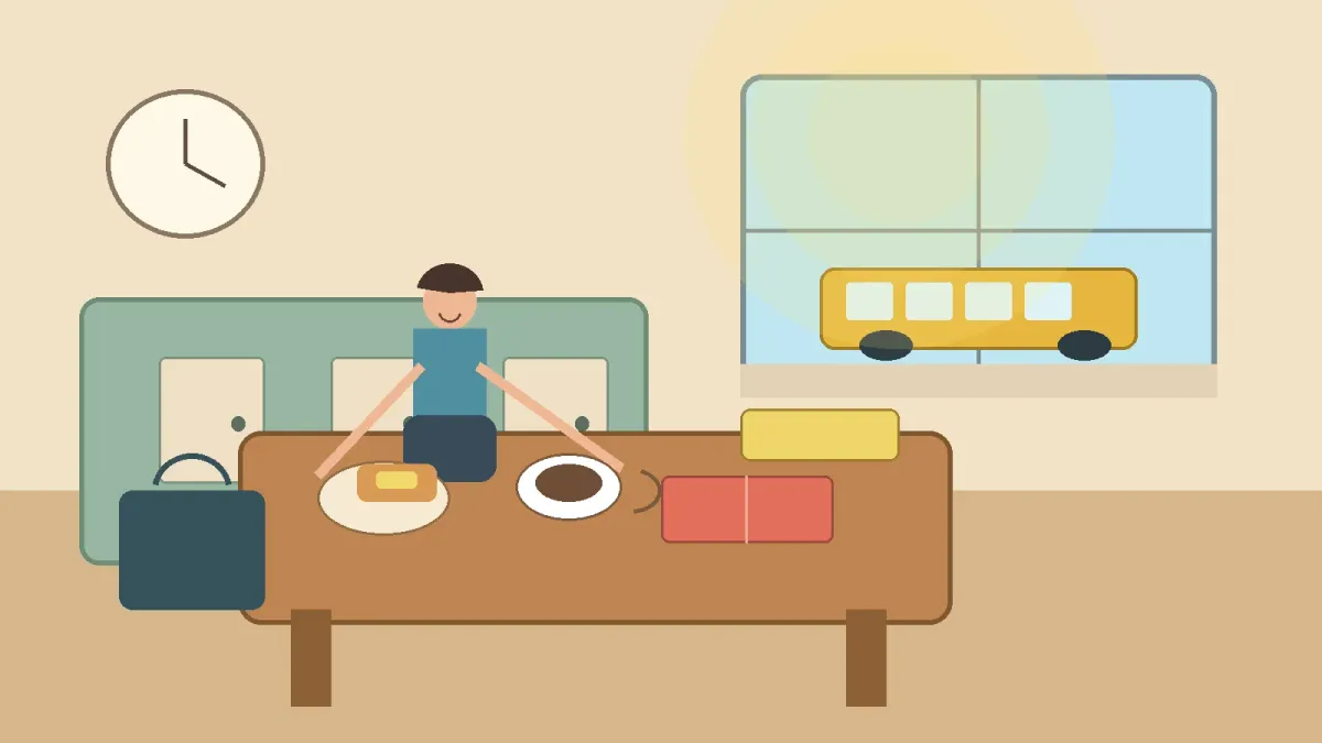 Une personne prépare son petit déjeuner dans une cuisine lumineuse avant de prendre le bus.