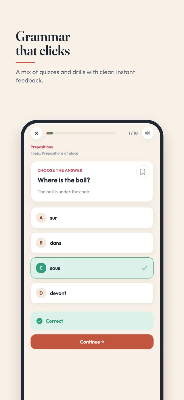 Grammar drill with instant feedback — a prepositions question answered correctly, under the headline 'Grammar that clicks'
