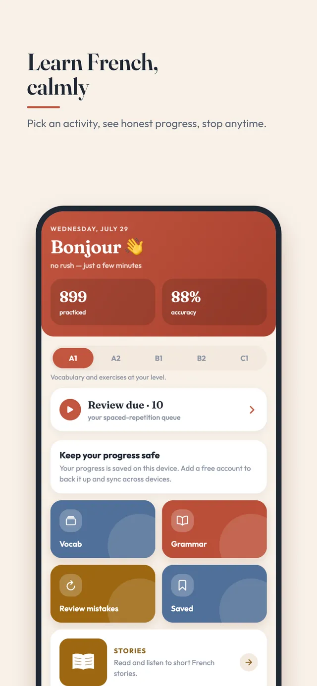 Home screen of the Practice French app: level selector, due reviews and activity tiles under the headline 'Learn French, calmly'