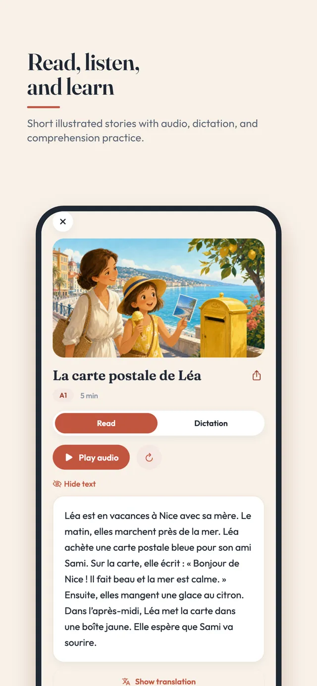 Reading lesson player with an illustrated A1 story, audio and dictation, under the headline 'Read, listen, and learn'