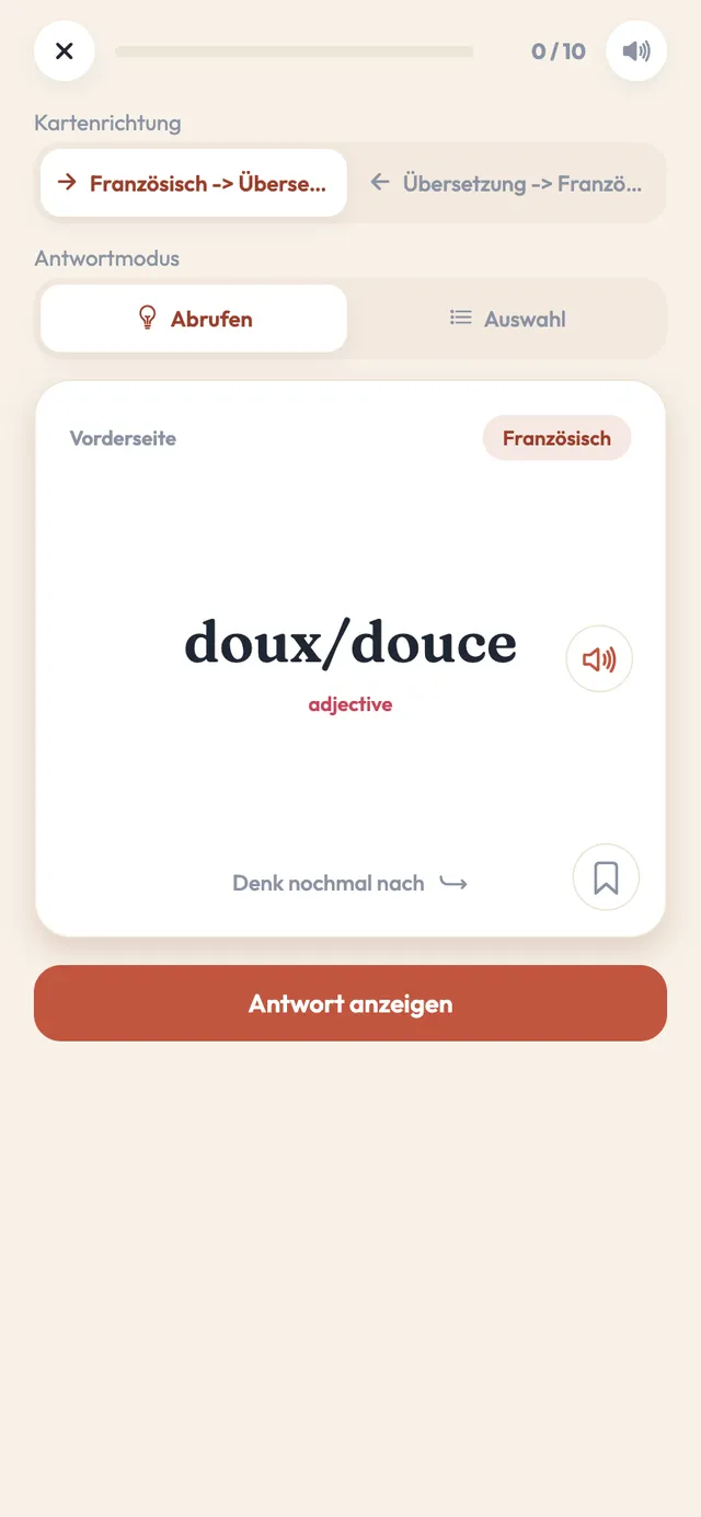 Eine Vokabelkarte in der App Practice French: das französische Adjektiv 'doux/douce' mit Abspielknopf, darüber Schalter für Kartenrichtung und für Erinnern statt Multiple Choice, darunter die Schaltfläche zum Aufdecken der Antwort