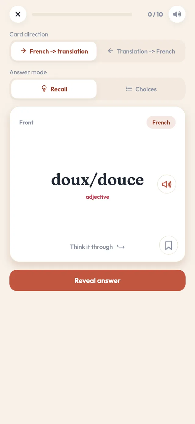A vocabulary review card in the Practice French app: the French adjective 'doux/douce' with a play button, above a 'Reveal answer' button, with switches for card direction and for recall versus multiple choice
