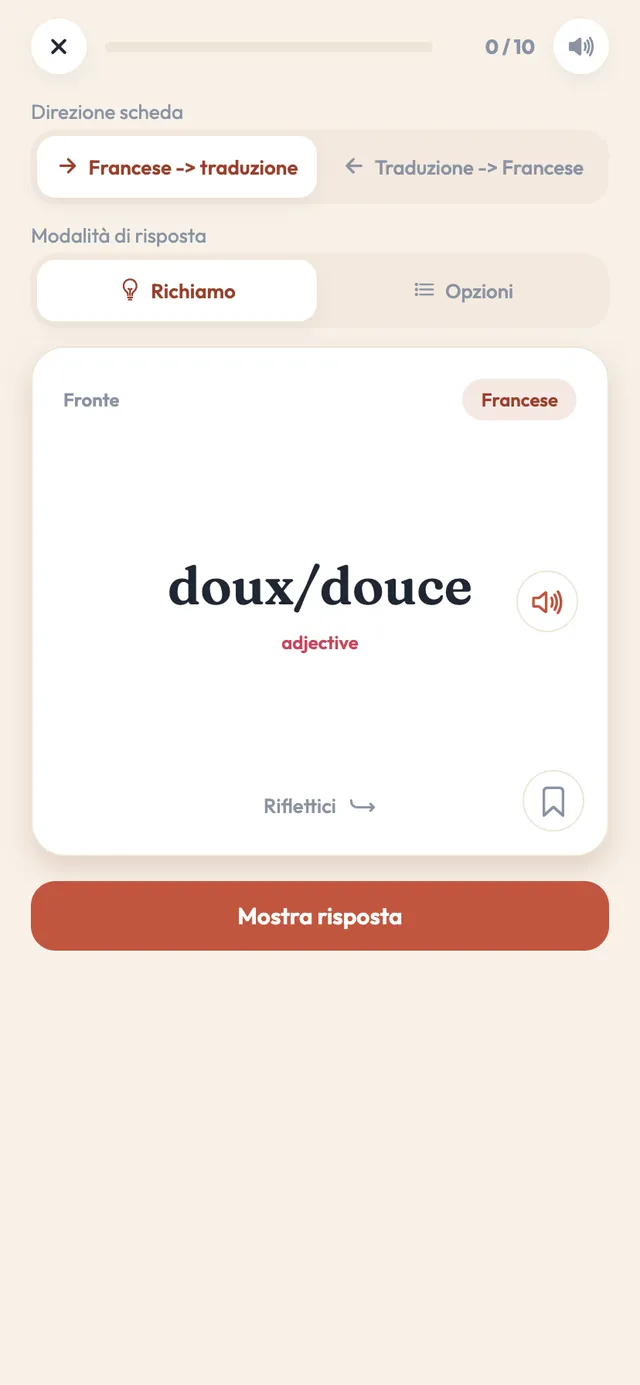 Una carta di ripasso del vocabolario nell'app Practice French: l'aggettivo francese 'doux/douce' con un pulsante audio, sopra un pulsante per scoprire la risposta, con selettori per la direzione della carta e per il richiamo rispetto alla scelta multipla