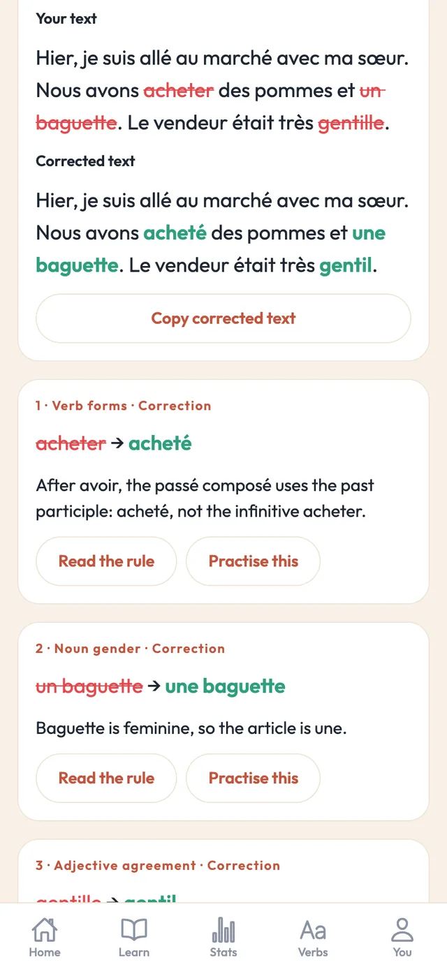 The writing check in the Practice French app: a learner text above its corrected version, with each change marked and explained.