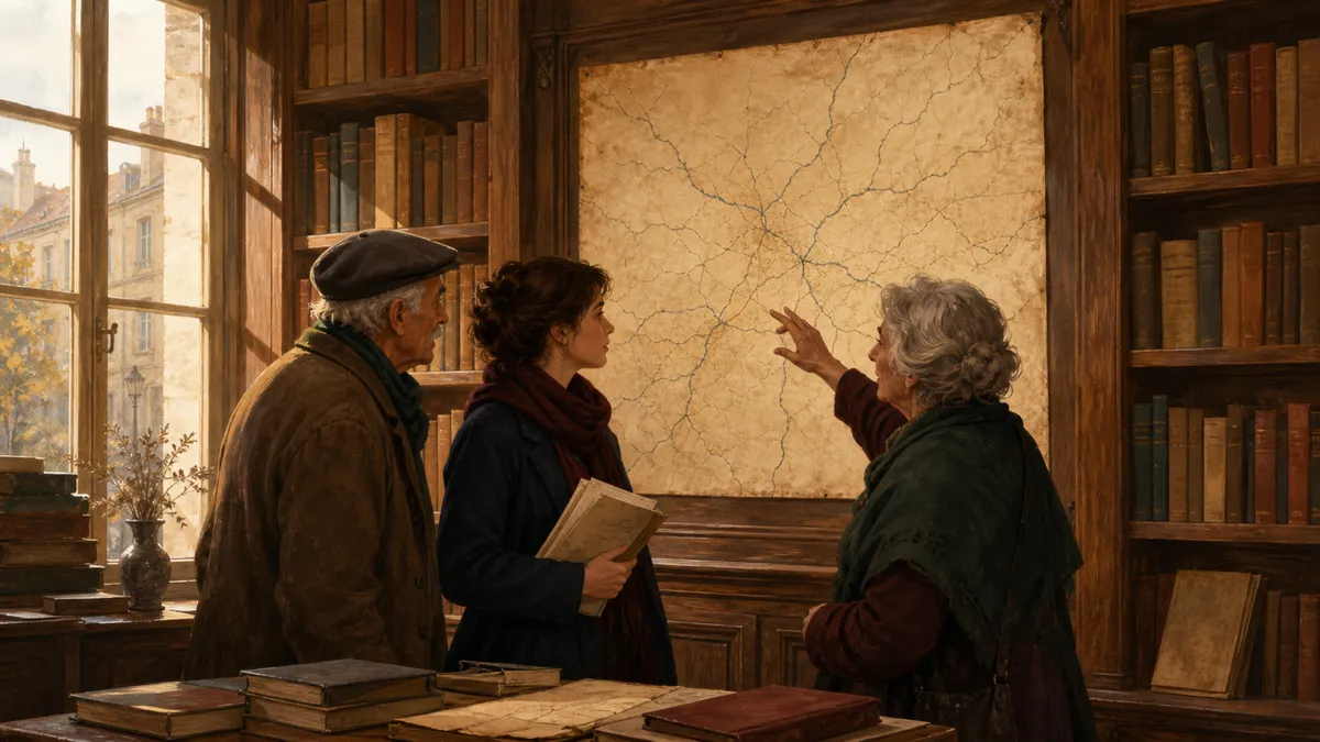 Une bibliothèque ancienne avec une carte en parchemin accrochée au mur, montrant des chemins tracés à l’encre pâle, entourée de personnes qui l’observent.