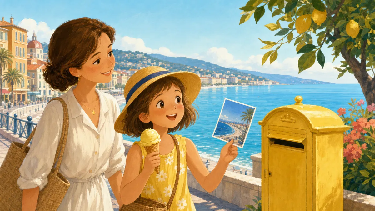 Une fille tient une carte postale bleue près de la mer à Nice.