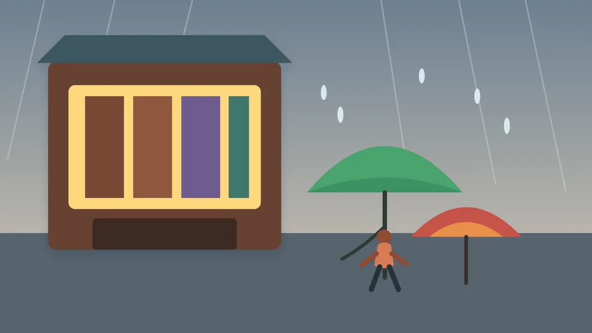 Une jeune femme ouvre un parapluie vert devant une librairie chaleureuse sous la pluie.