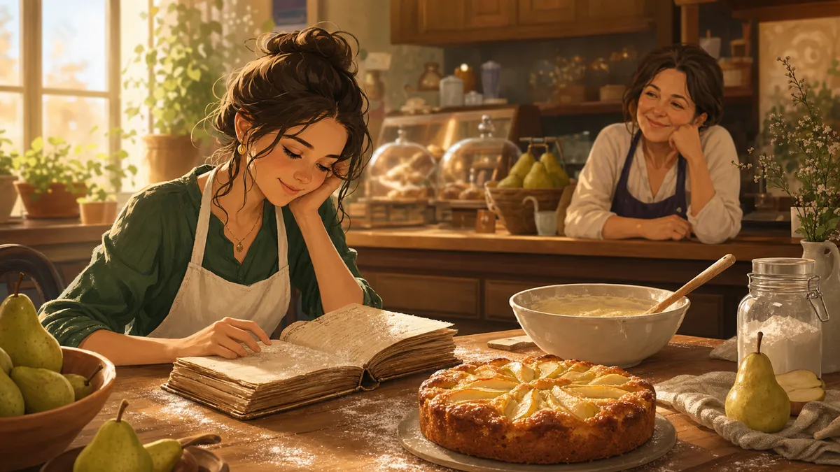 Clara lit un vieux carnet de recettes dans un café familial avec un gâteau aux poires.