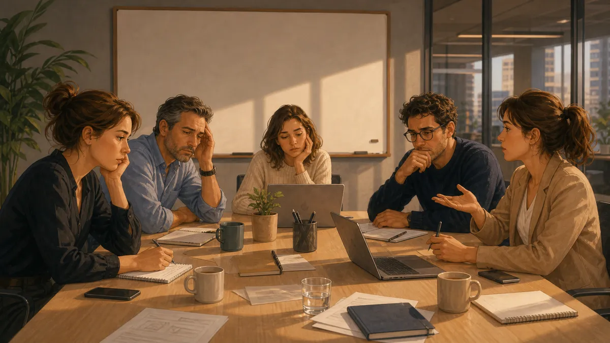 Des collègues discutent autour d’une table de réunion avec un tableau blanc vide.