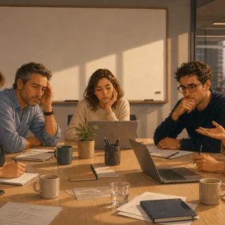 Des collègues discutent autour d’une table de réunion avec un tableau blanc vide.
