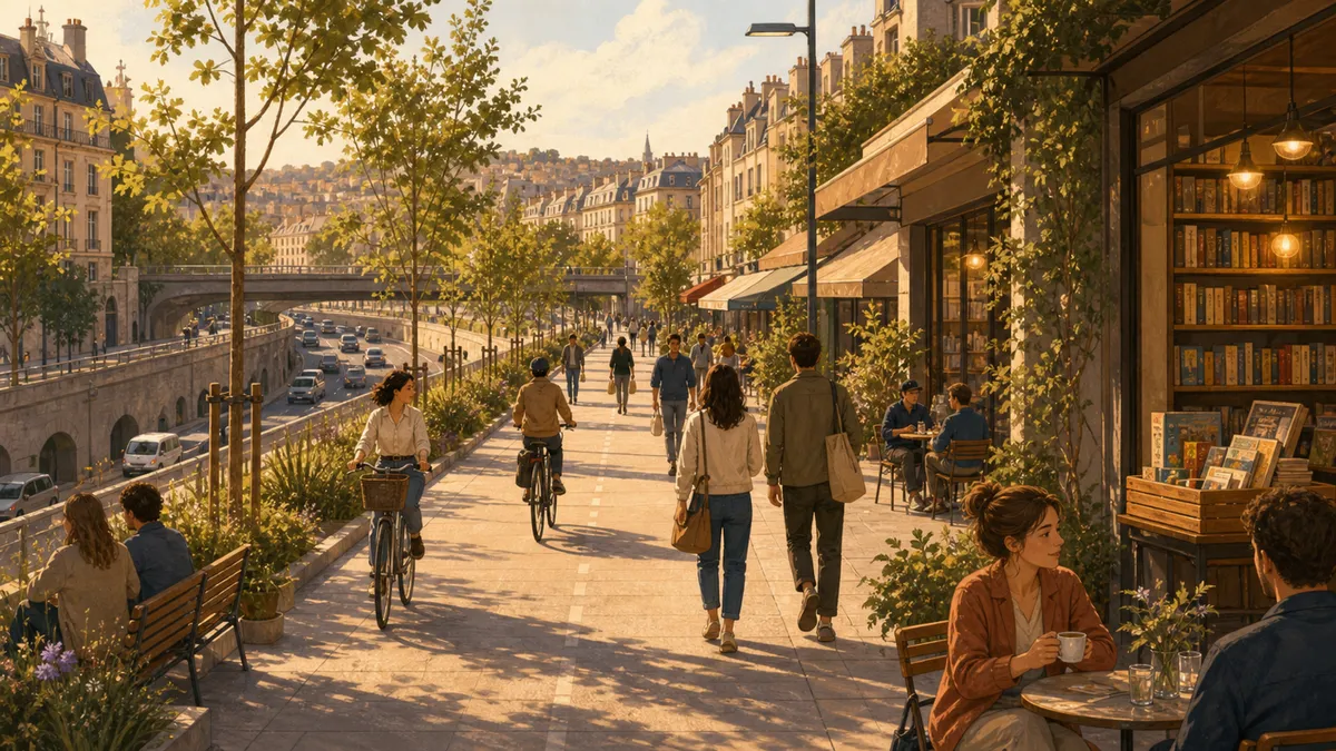 Une ancienne voie rapide transformée en promenade avec des arbres, des bancs et des passants.