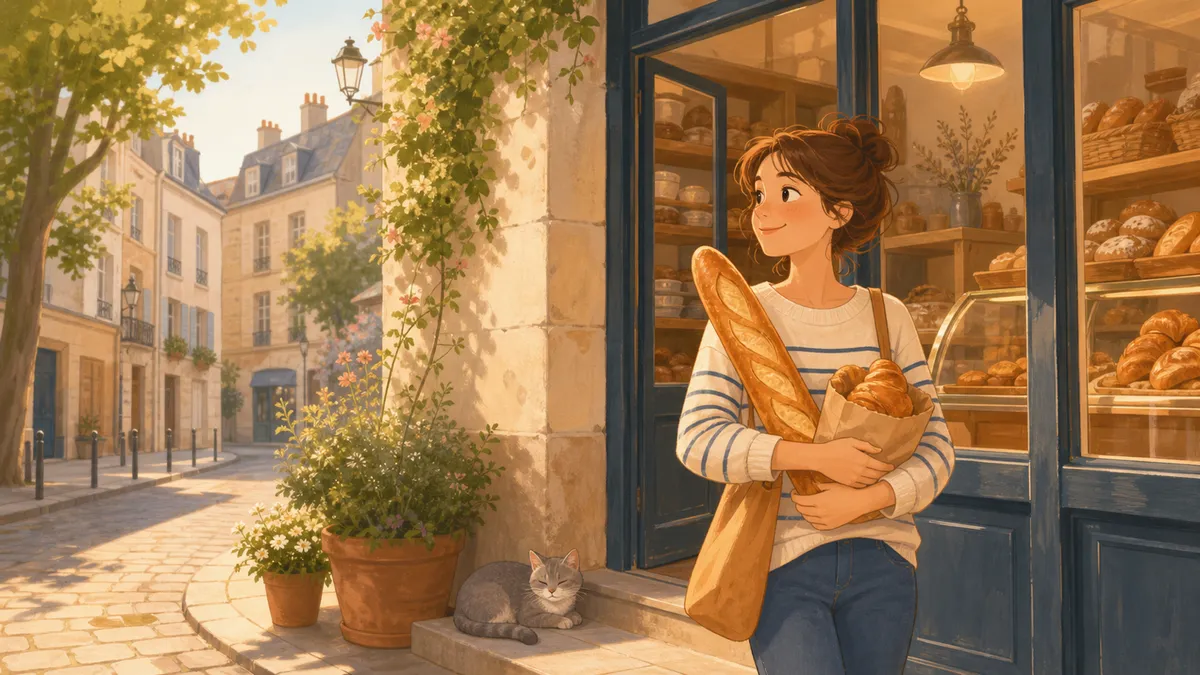 Une femme sort d’une boulangerie avec du pain pendant qu’un petit chat gris reste près de la porte.