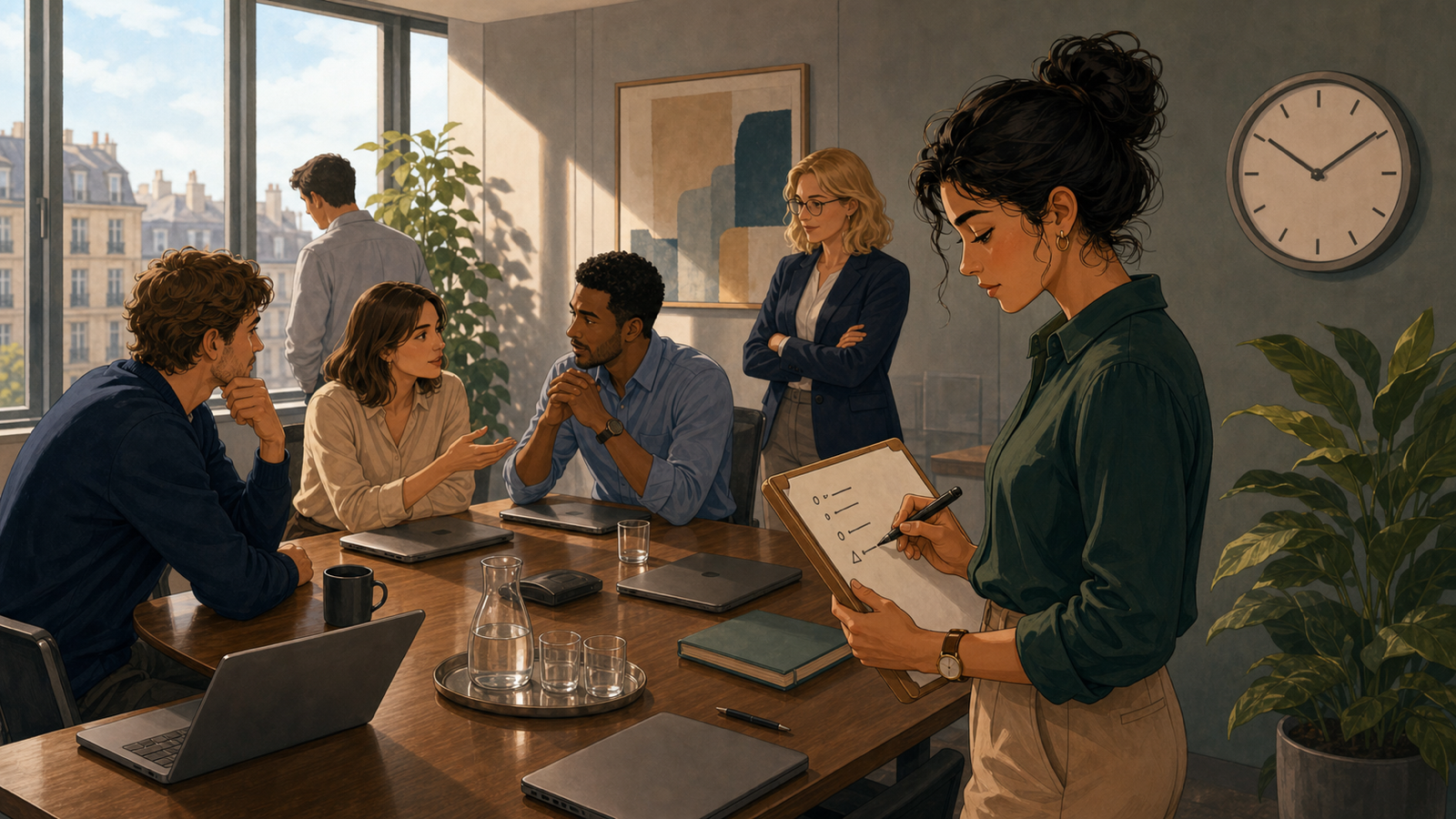 Amira observe des collègues qui discutent avant une réunion dans une salle de bureau moderne.