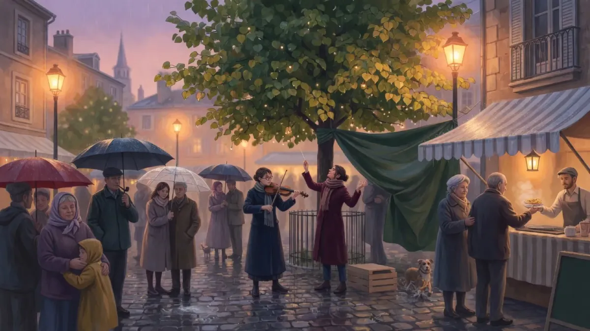 Des musiciens jouent sous un tilleul pendant que le public s’abrite de la pluie sur une place.