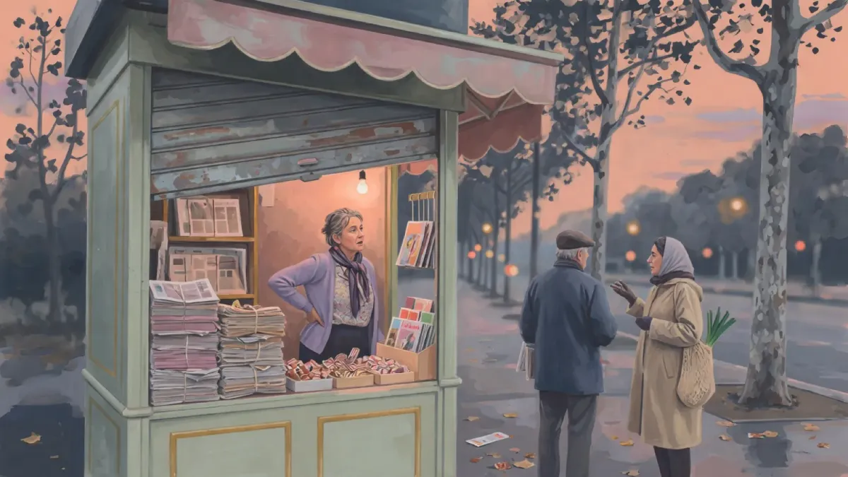 Hélène ferme le rideau d’un kiosque de boulevard au crépuscule.
