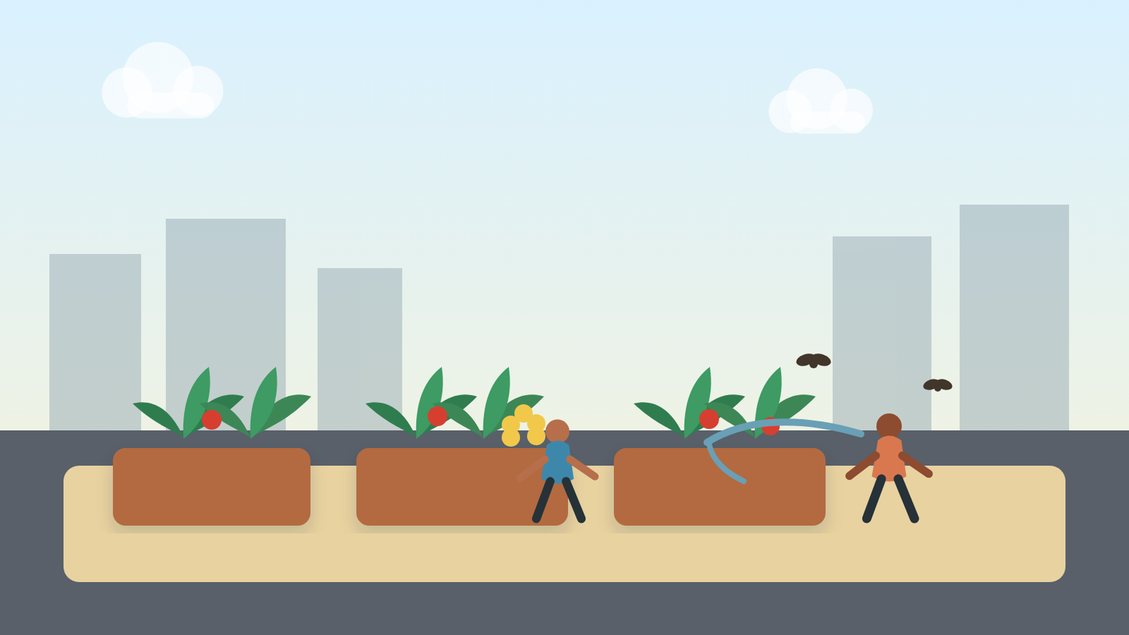 Des voisins entretiennent un jardin partagé sur le toit d’un immeuble en ville.