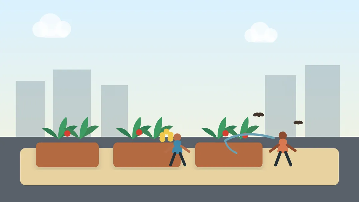 Des voisins entretiennent un jardin partagé sur le toit d’un immeuble en ville.