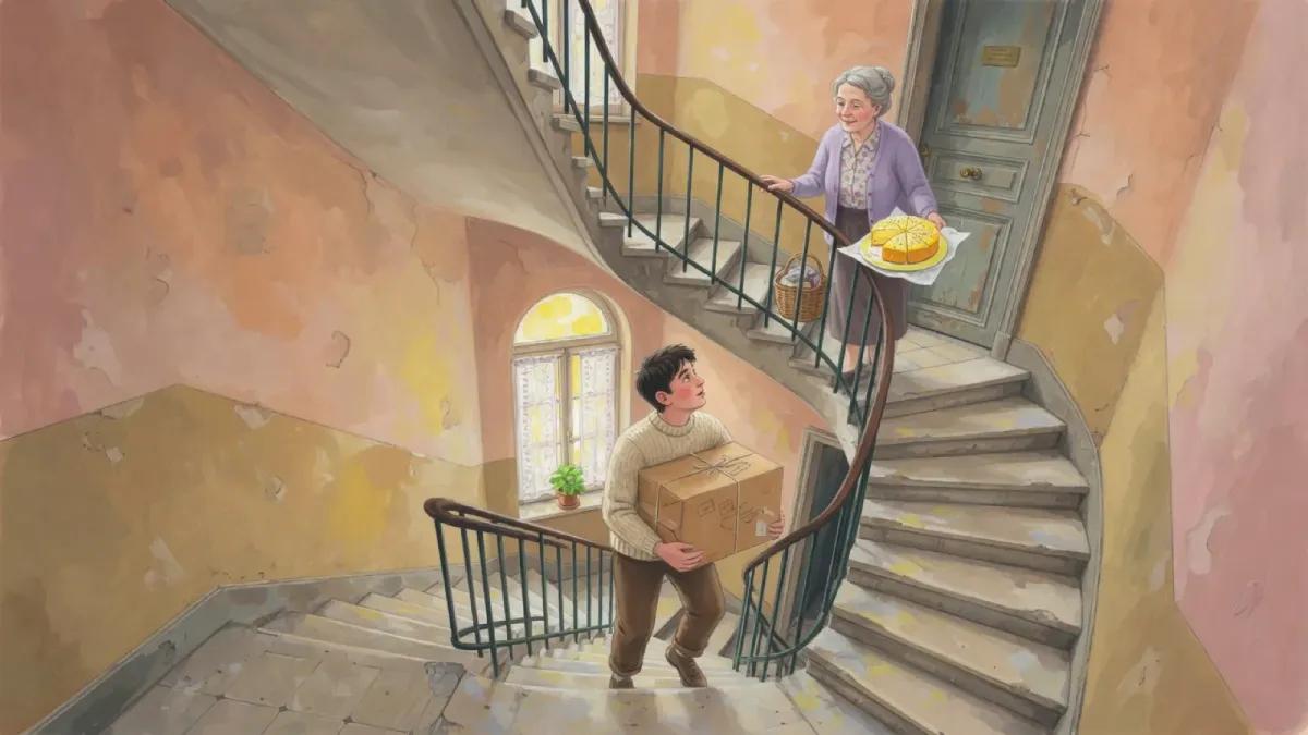 Thomas monte un paquet dans l’escalier d’un immeuble pour le porter à une voisine.