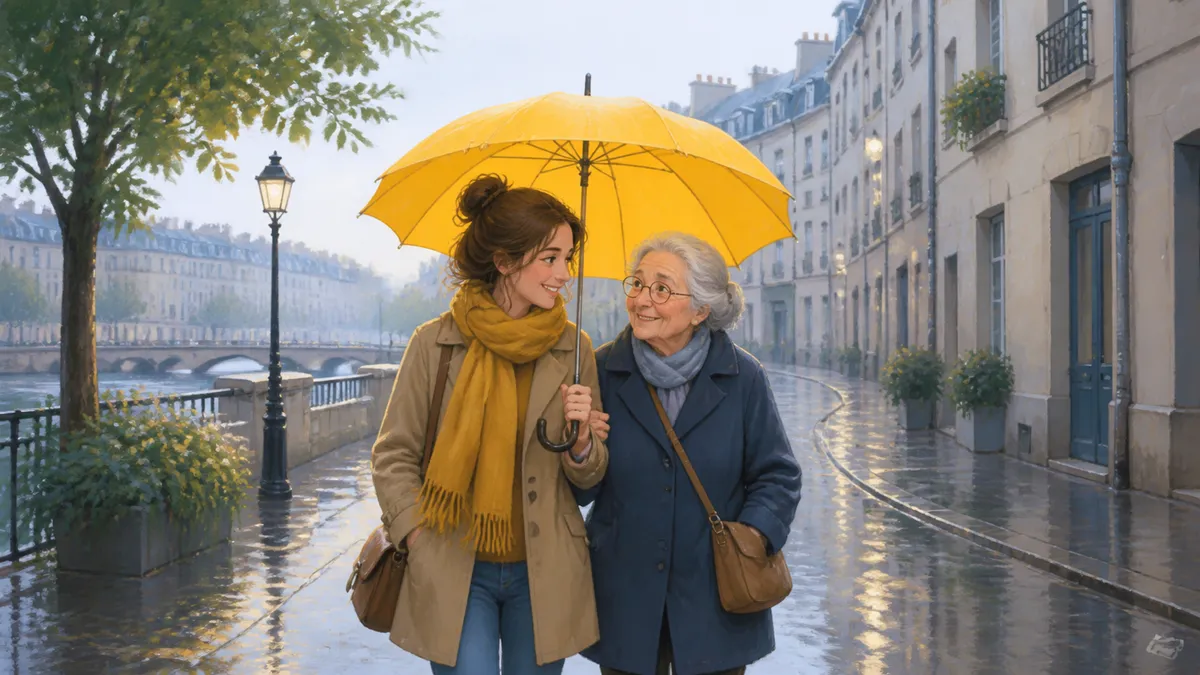 Une jeune femme et une dame âgée marchent ensemble sous un parapluie jaune par temps de pluie.