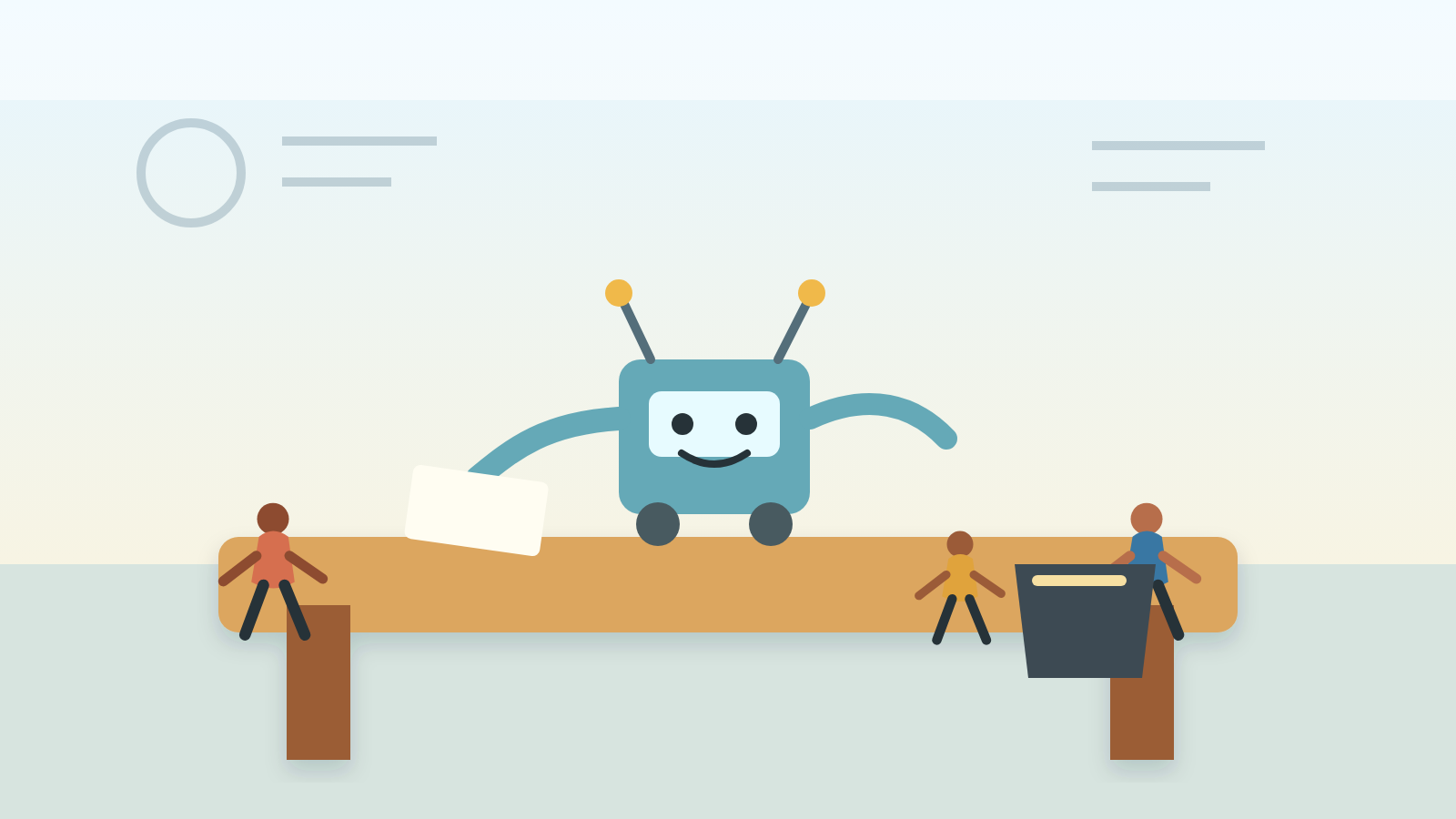 Un petit robot de classe aspire une feuille de devoirs pendant que les élèves rient.
