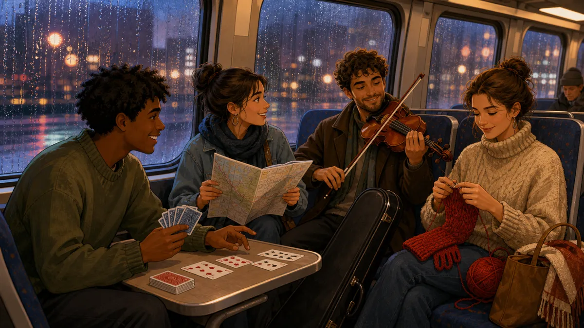 Des passagers discutent et jouent aux cartes dans un train du soir retardé par la pluie.