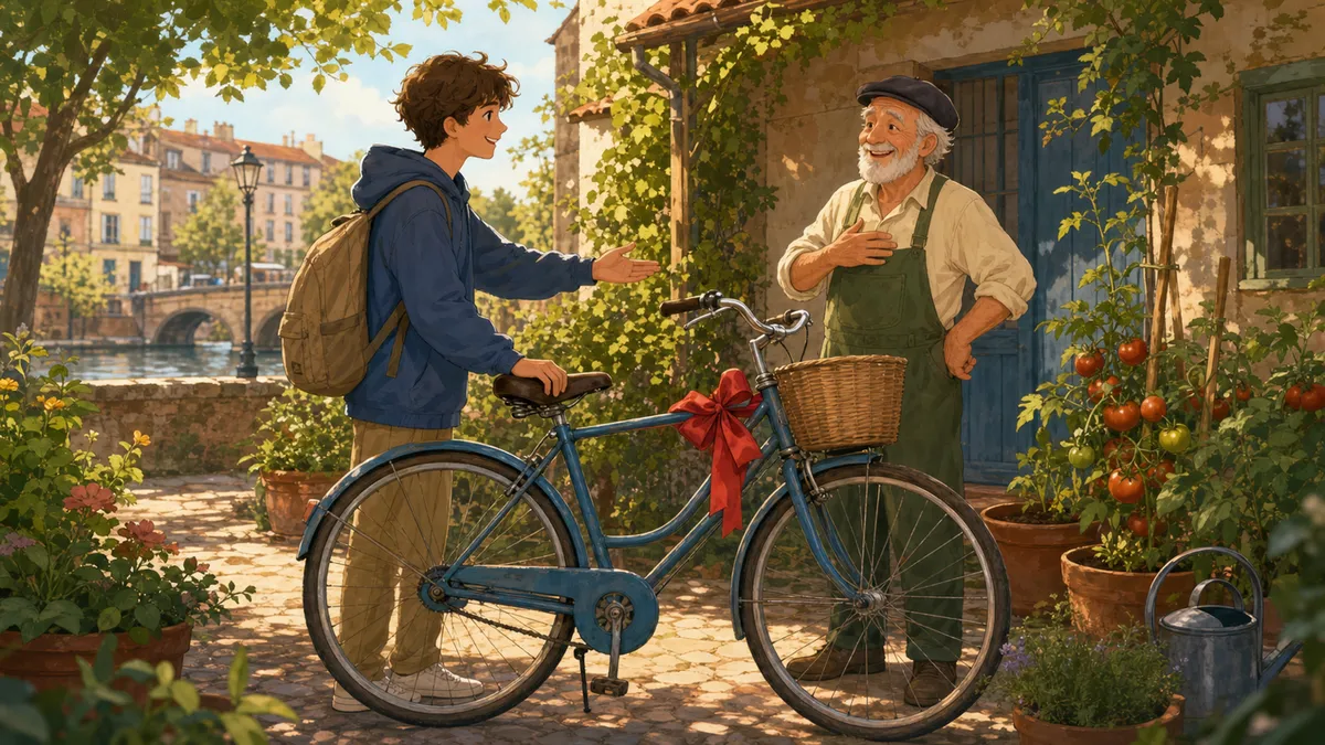 Inès rend un vieux vélo bleu à un homme âgé dans une petite cour avec des plants de tomates.