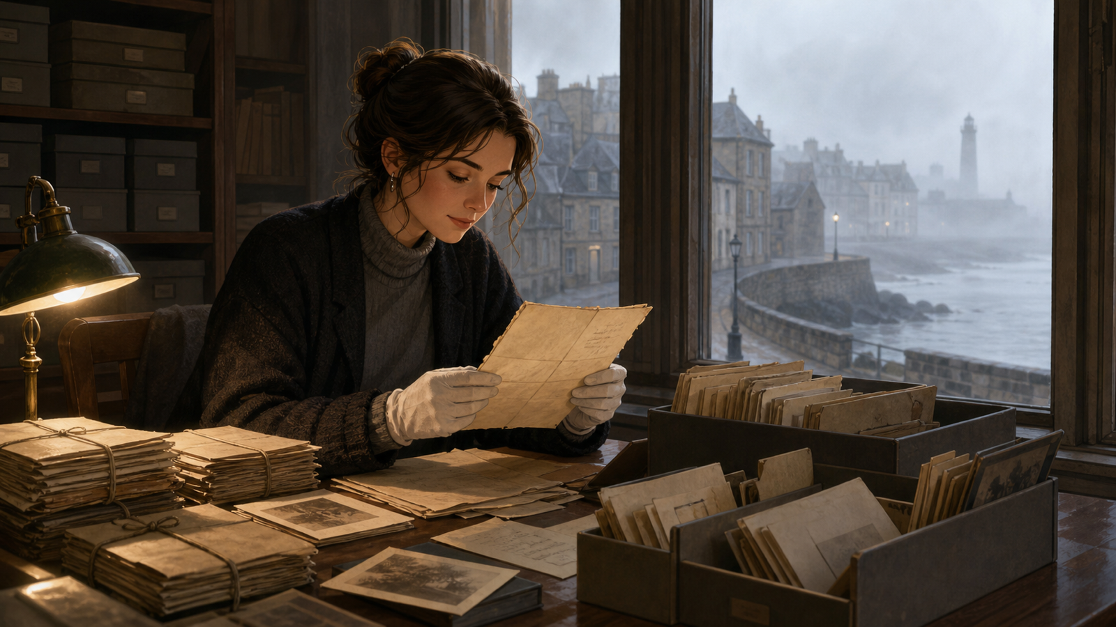 Élise consulte des lettres anciennes dans une salle d’archives tandis que le brouillard couvre la ville.