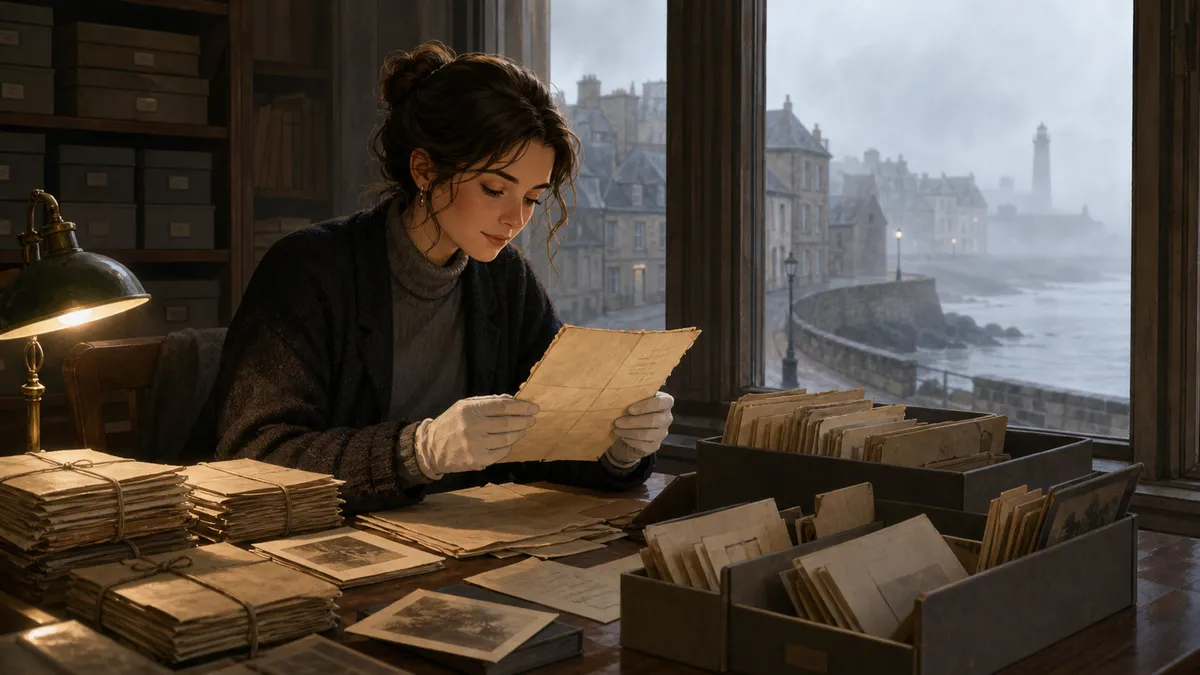 Élise consulte des lettres anciennes dans une salle d’archives tandis que le brouillard couvre la ville.
