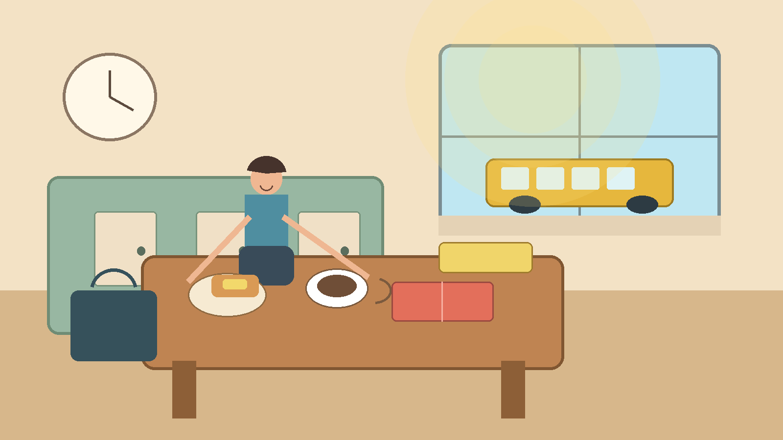 Une personne prépare son petit déjeuner dans une cuisine lumineuse avant de prendre le bus.