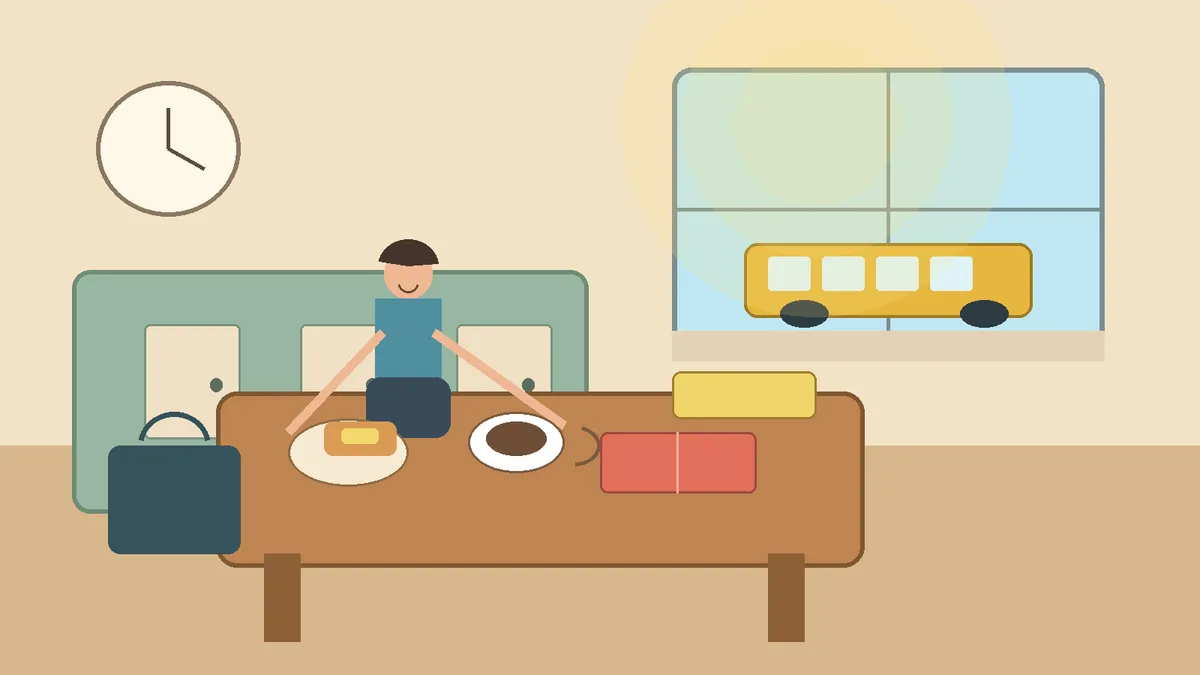 Une personne prépare son petit déjeuner dans une cuisine lumineuse avant de prendre le bus.